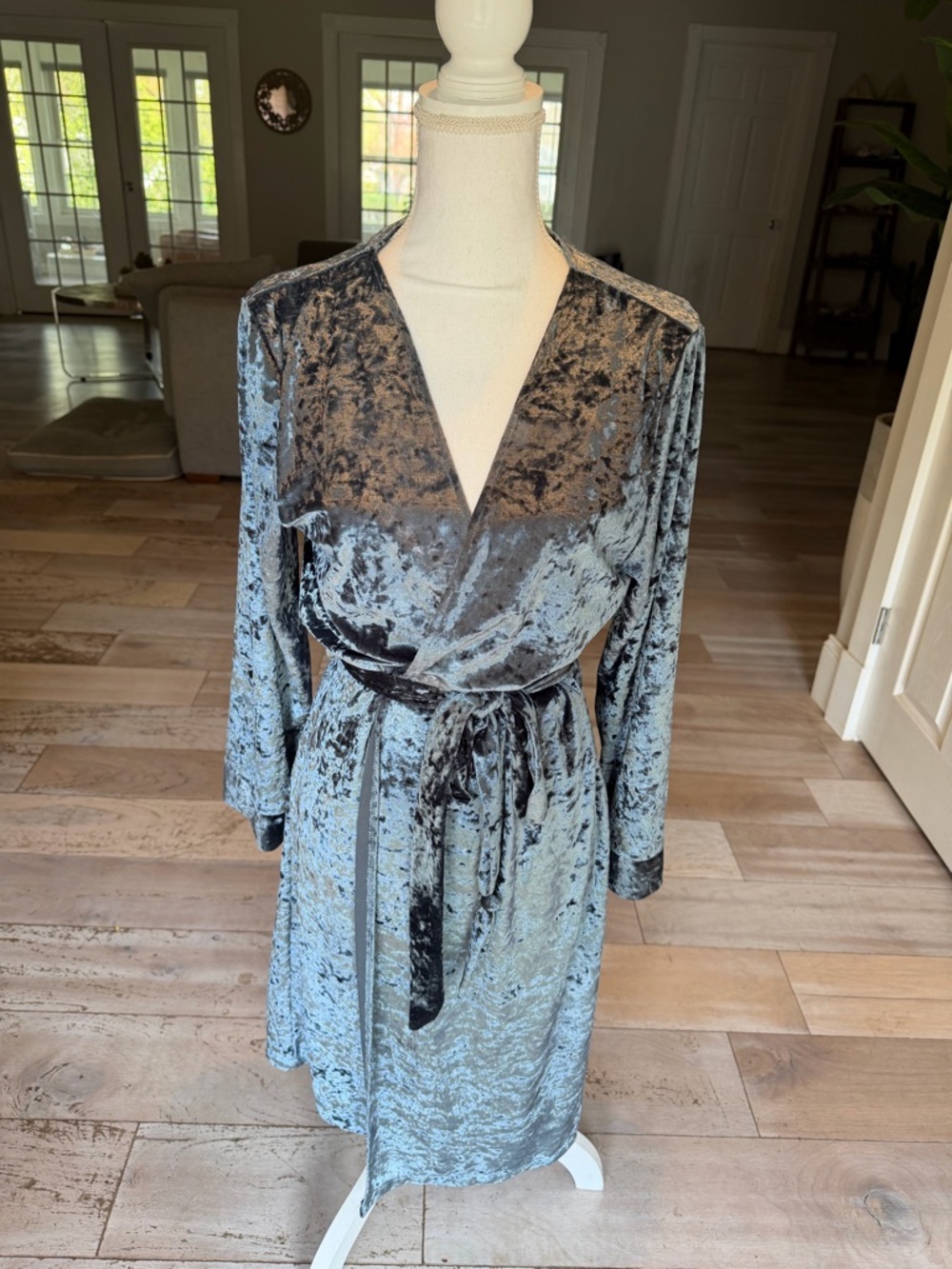 Crushed Velvet Wrap Robe in Dusty Blue